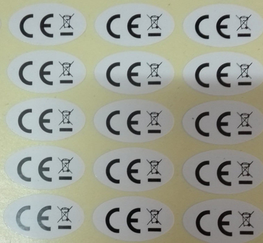 사용자 정의 명소 EU 표준 쓰레기 수 레이블 WEEE 재활용 기호 흰색 자체 접착 CE 스티커 타원형 무료 배송